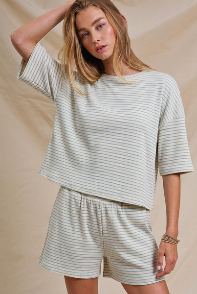 Striped Knit Two-Piece Lounge Set Boxy Tee: RED WHITE / S-M-L:2-2-2