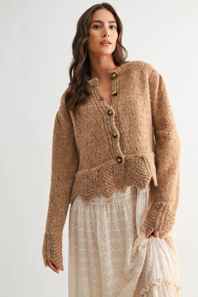 TEXTURED WOOL-BLEND CARDIGAN WITH SCALLOPED HEM: 2TONE MOCHA