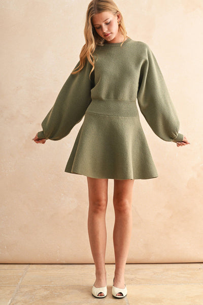 BALLON SLEEVE SWEATER DRESS: OLIVE /
