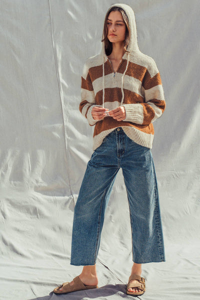 Striped Knit Hoodie – Half Zip, Relaxed Fit: IVORY CAMEL