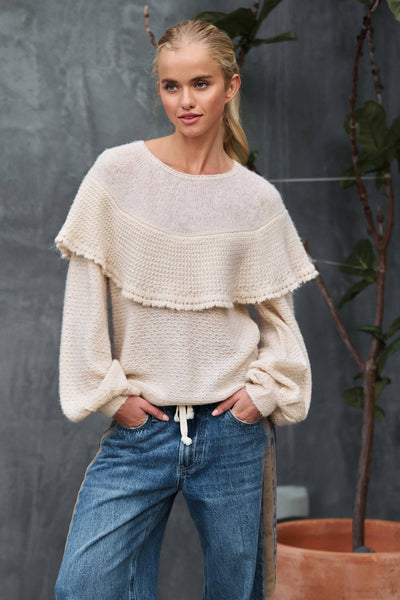 Ruffle Yoke Blouson Sleeve Knit Sweater: NATURAL