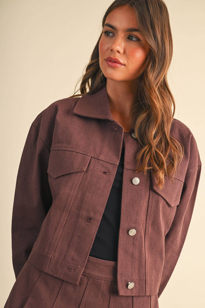 CROPPED TWILL JACKET WITH PLEATED FRONT SKORT SET: RED BEAN