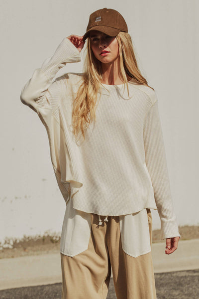 Oversized Waffle Knit High-Low Tunic Top: IVORY / S-M-L:2-2-2