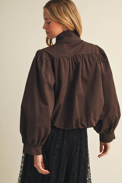 Funnel-Neck Puff-Sleeve Blouson Jacket: DK.BEIGE / M