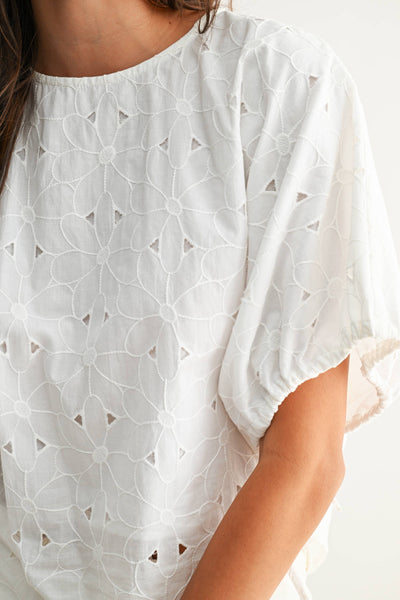CJT26751 Embroidered White Cotton Blouse: OFF WHITE / S-M-L (3-2-1)