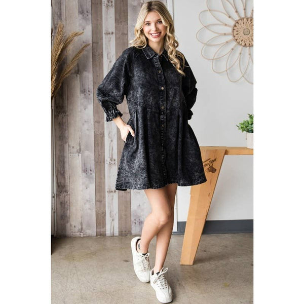 Overfit Button Down Denim Shirt Dress: Black