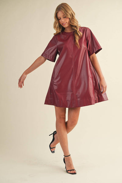 FLARED SHORT SLEEVE SWING MINI DRESS WINE
