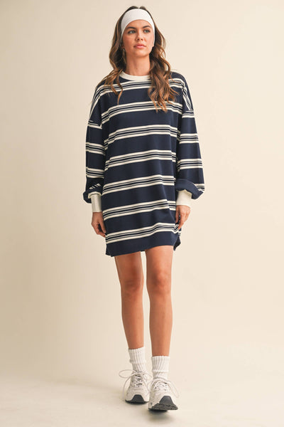 STRIPED LOVE SLEEVE OVERSIZED SWEATSHIRT DRESS: NAVY