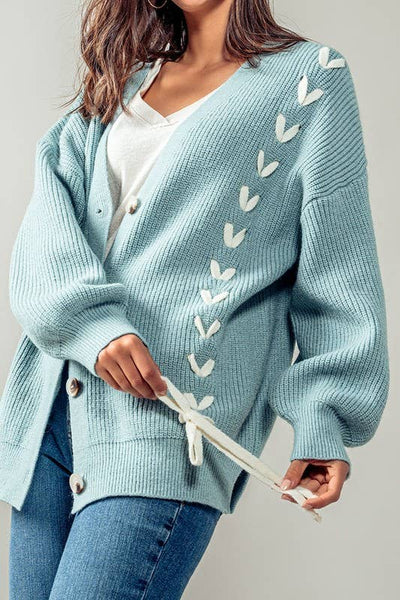 Oversized Heart Pattern Side Lace Up Ribbed Knit Cardigan: BLUE