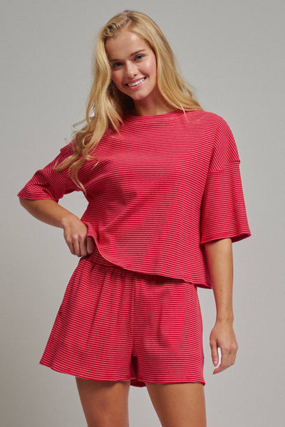 Striped Knit Two-Piece Lounge Set Boxy Tee: RED WHITE / S-M-L:2-2-2