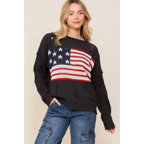 TIMING Distressed American flag knit sweater: CHARCOAL