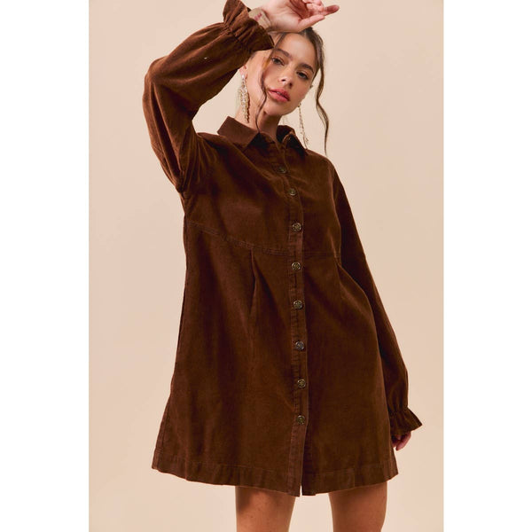 WASHED CORDUROY BUTTON DOWN SHIRT MINI DRESS: BROWN