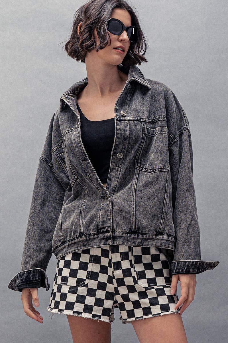 Oversized Button Up Pleated Back Western Jacket: Black