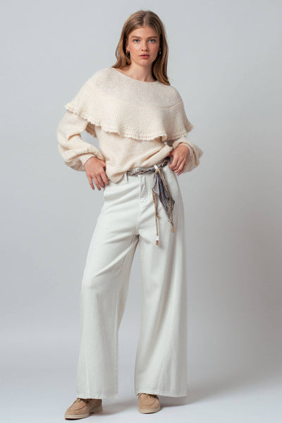 Ruffle Yoke Blouson Sleeve Knit Sweater: NATURAL