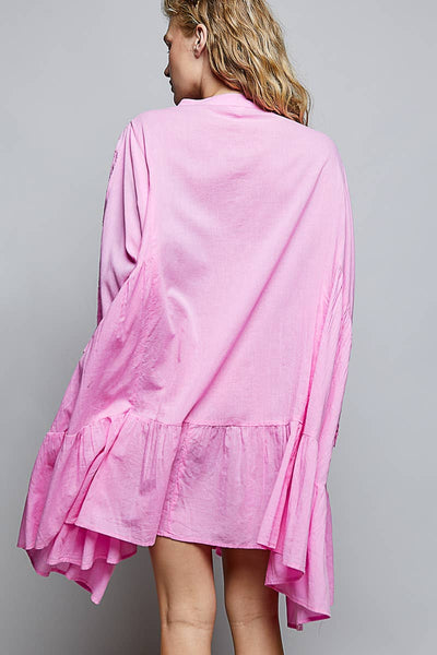 Half Button Embroidery Cotton Rommy Fit Dress: Pink