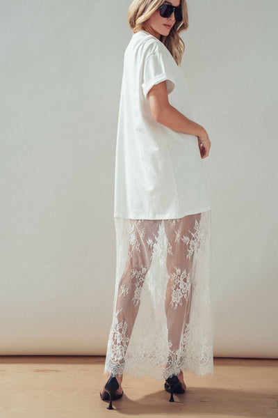 Mixed-Media T-Shirt Dress with Sheer Lace Skirt: White