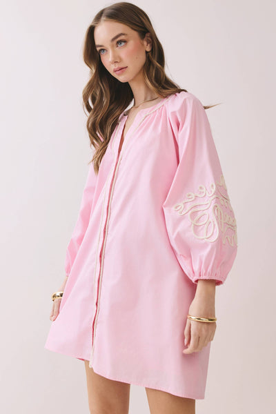 Embroidered Sleeve Baby Doll Button Down Mini Dress: BABY PINK