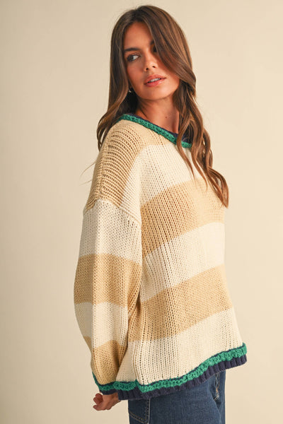 WIDE STRIPED SWEATER TOP: BEIGE MULTI