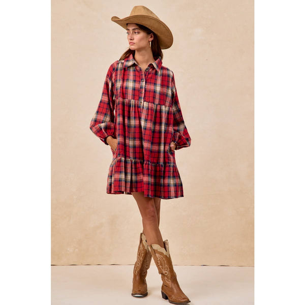 PLAID WOVEN SHRRING BUTTONED TIERED SHIRT DRESS: CAMEL MULTI / L