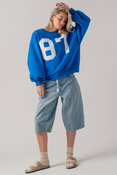 "87" Graphic Balloon Sleeve Oversized Sweatshirt: Blue