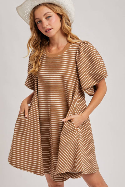 PUFF SLEEVES BILLOWY SILHOUETTE STRIPED DRESS: LATTE