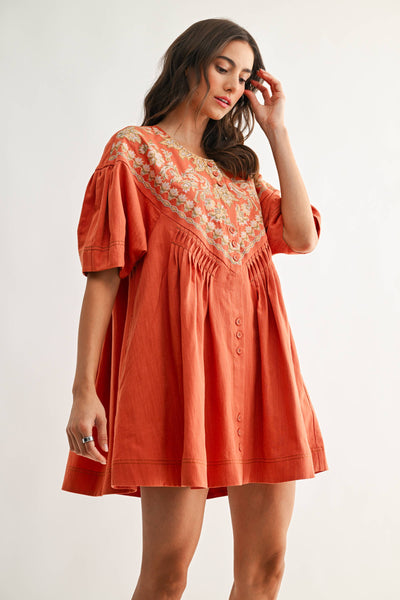 CJD26988 Embroidered Linen Tunic Dress: BURNT ORANGE / S-M-L (3-2-1)