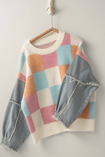 Checkered Knit with Denim Sleeves Crewneck Sweater: PINK COMBO