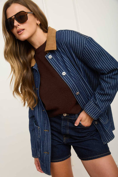 STRIPE CORDUROY COLLAR DENIM SHACKET: INDIGO