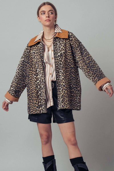 Corduroy Collar Leopard Print Jacket: LEOPARD