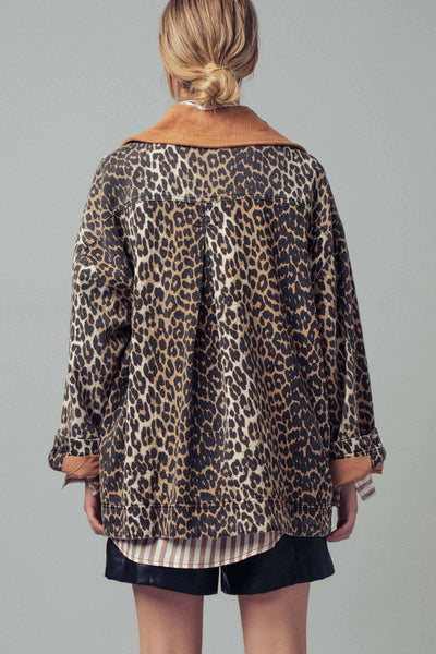 Corduroy Collar Leopard Print Jacket: LEOPARD