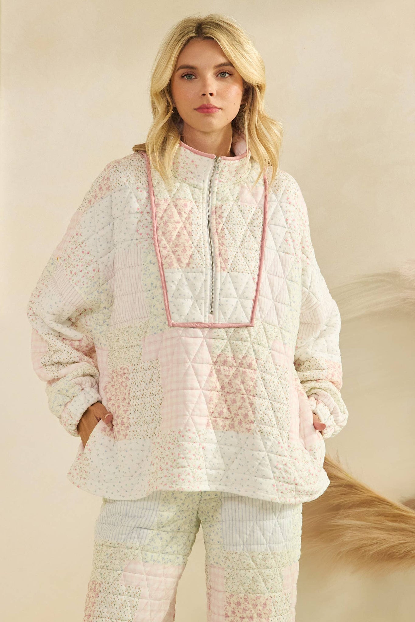 Floral textured quarter zip: Pastel combo