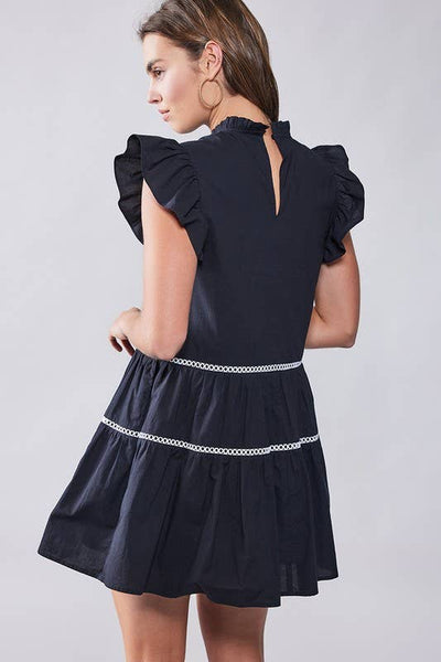 **HAILEE CONT LACE TRIM RUFFLE MINI DRESS: BLACK