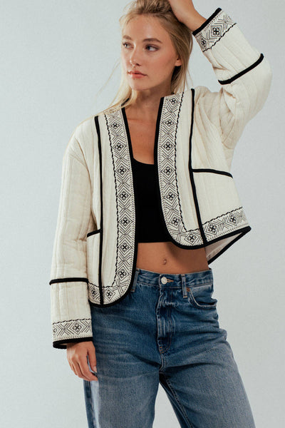 Boho Embroidered Quilted Western Cropped Jacket: BLACK IVORY / S-2/M-2/L-2