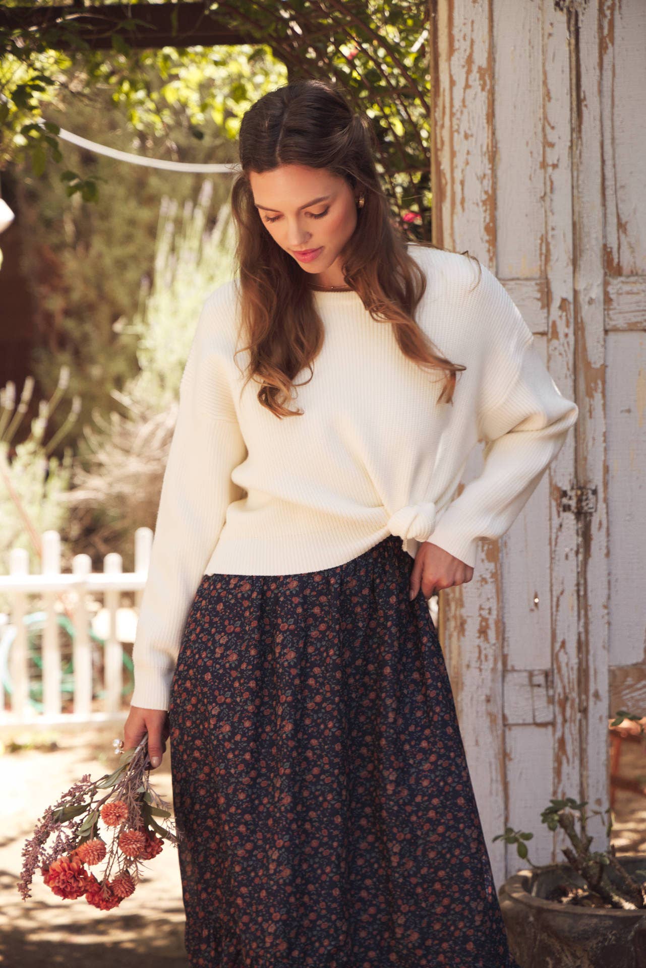 DOLMAN SLEEVE SWEATER WITH SATIN BACK TIE: CREAM