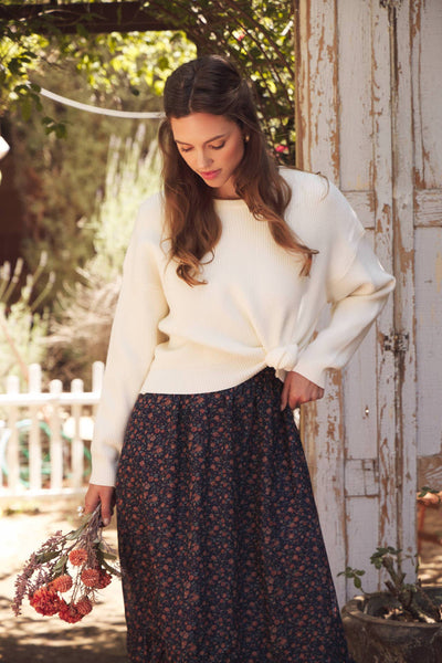 DOLMAN SLEEVE SWEATER WITH SATIN BACK TIE: CREAM