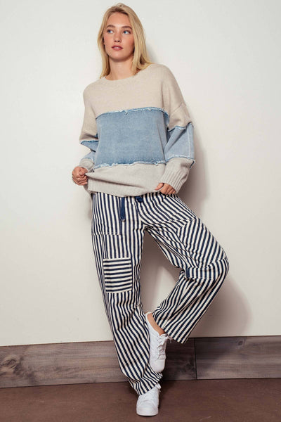 Colorblock Denim Patchwork Casual Top: Ivory