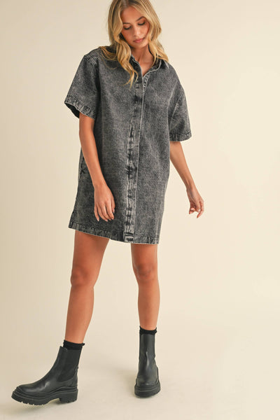 SHORT SLEEVE HIDDEN BUTTON DOWN DENIM SHIRT DRESS