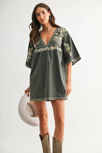 Embroidered Shift Dress with Deep V-Neckline: FOREST GREEN
