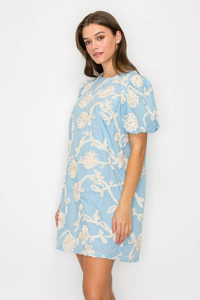 Baby Blue with White Rosette Detail Mini Dress: