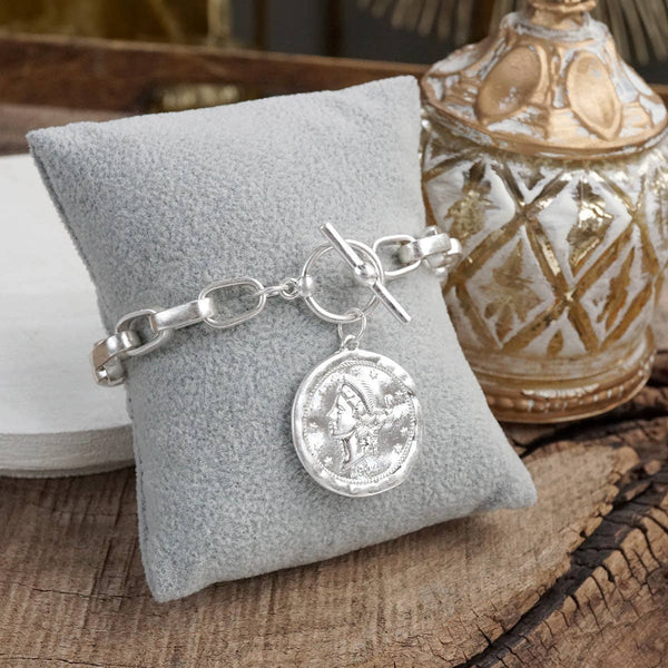 Urban Token – Cable Chain Toggle Bracelet with Coin Charm: Worn Silver Tone