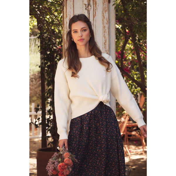 DOLMAN SLEEVE SWEATER WITH SATIN BACK TIE: CREAM