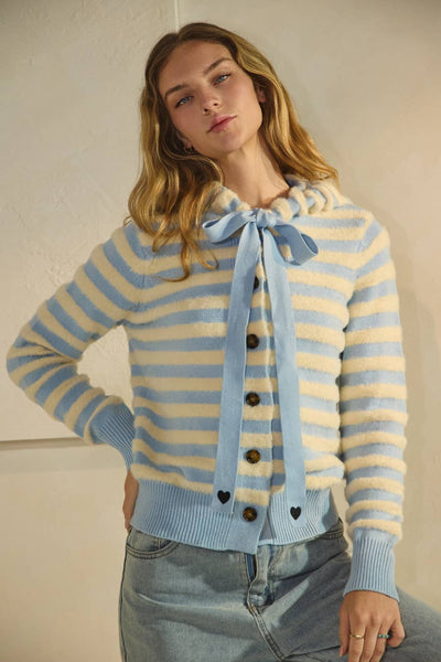 Striped Knit Cardigan: Blue Ivory