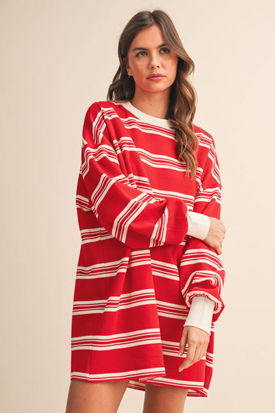 STRIPED LOVE SLEEVE OVERSIZED SWEATSHIRT DRESS: Red