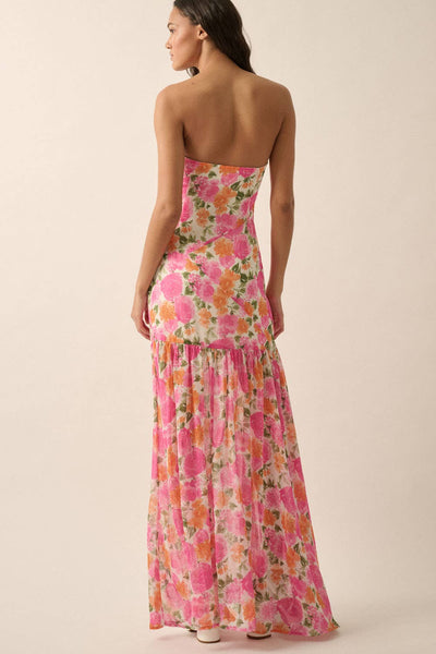 Strapless Asymmetric-Seam Floral Woven Maxi Dress: Off White-Pink