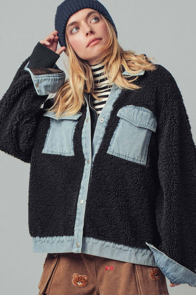 Denim Contrast Sherpa Mixed-Media Shacket: Black