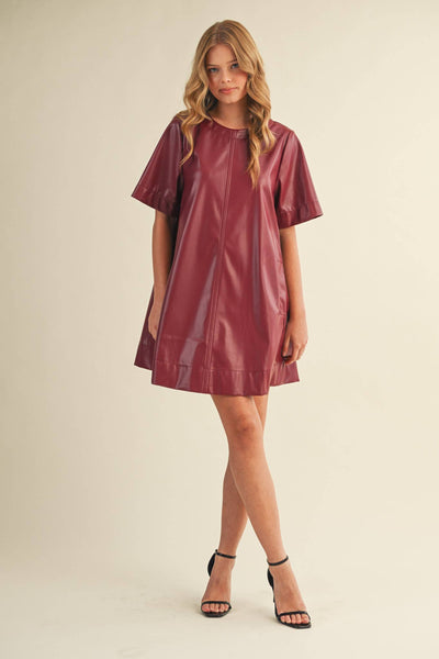 FLARED SHORT SLEEVE SWING MINI DRESS WINE