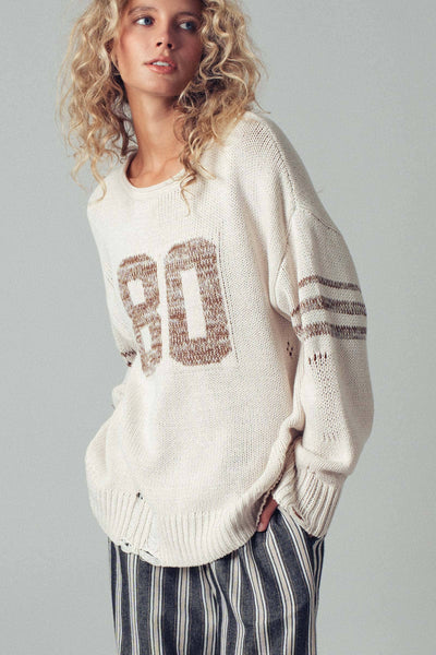 Relaxed Knit Pullover with Varsity Number Detail: Oatmeal