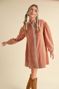 WASHED DENIM BUTTON DOWN FLARED MINI DRESS: Terra Cotta