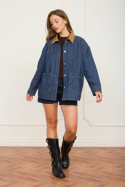 STRIPE CORDUROY COLLAR DENIM SHACKET: INDIGO