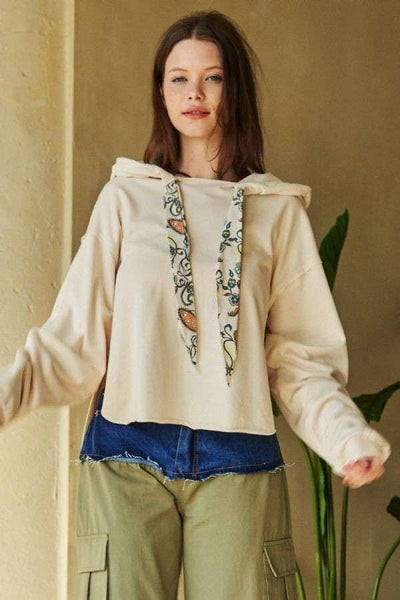 SOLID LONG SLEEVES PRINT TIE LOOSE FIT HOODIE TOP